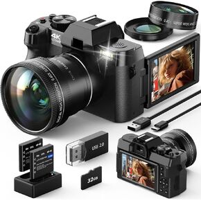 Digital Camera, 4K 48MP Cameras for Photography, 180° Flip Screen Camera with 16X Digital Zoom and WiFi Auto-Focus Vlogging Camera for YouTube with 32GB TF Card. Wide-Angle & Macro Lens S100-ZXWM