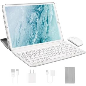 Android Tablet 10.1 inch 2 in1 Tablet with 4GB RAM+64GB ROM (Expandable up 1TB),5MP+8 MP Dual Camera| WiFi | Bluetooth | 8000mAh Battery |Keyboard & Mouse Included - Silver