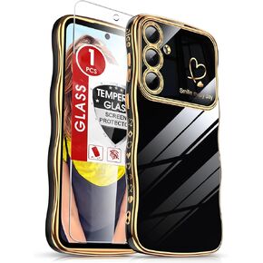 LeYi for Galaxy A35-5G Phone Case: with Screen Protector and Full Camera Protection, Wavy Curvy Luxury Plated Gold Edge Love Heart Cute Girly Shockproof Cellphone Case Cover Samsung Galaxy A 35, Black