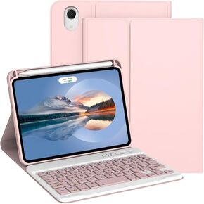 Keyboard Case for iPad Mini 7th Generation (A17 Pro) 2024 / 6th Gen 2021 8.3 Inch [Magnetic Detachable Wireless Keyboard][Support 3 System] Flip Stand Case with Pencil Holder, Pink
