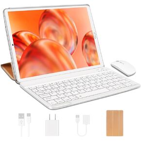 Android Tablet 10.1 inch 2 in1 Tablet with 4GB RAM+64GB ROM (Expandable up 1TB),5MP+8 MP Dual Camera| WiFi | Bluetooth | 8000mAh Battery |Keyboard & Mouse Included - Gold