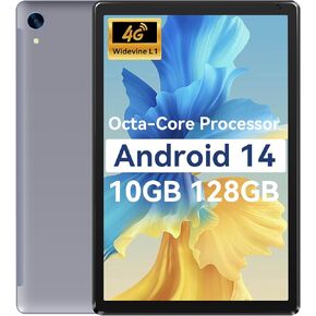Android 14 Tablet, Octa-Core 10 inch Tablet, 10(4+6)RAM+128GB ROM (Expand to 1TB), Android Tablet with Bluetooth 5.3, WiFi 6, 5MP+8MP Dual Camera, Face ID, 4G Dongle Wireless Internet (Gray)