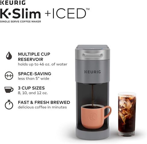 شركة Keurig K -Slim Plus Iced Coffee Maker (رمادي) ، ومرر قهوة مثلج من أجل المنزل - نظام المشروب السريع - تصميم لتوفير الفضاء - حزمة بأحجام الأحجام 3 مع قرون مشوية متوسطة وأكواب تنظيف (3 عناصر) in Kuwait