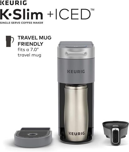 شركة Keurig K -Slim Plus Iced Coffee Maker (رمادي) ، ومرر قهوة مثلج من أجل المنزل - نظام المشروب السريع - تصميم لتوفير الفضاء - حزمة بأحجام الأحجام 3 مع قرون مشوية متوسطة وأكواب تنظيف (3 عناصر) in Kuwait