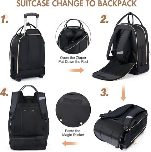 Rolling Backpack for Women, Large Travel Backpack with Wheels, Carry on Flight Approved 17 Inch Wheeled Laptop Backpack for Travel, Work Business Overnight Roller Bag, Black in Kuwait