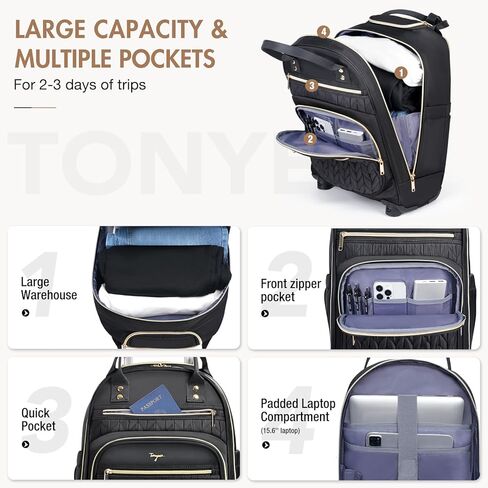 Rolling Backpack for Women, Large Travel Backpack with Wheels, Carry on Flight Approved 17 Inch Wheeled Laptop Backpack for Travel, Work Business Overnight Roller Bag, Black in Kuwait