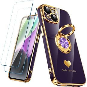 Compatible for iPhone 14 Case with 2 Pack Screen Protector, 360° Rotatable Ring Holder [Luxury Hearts Pattern] Plating Gold Edge Slim Soft Phone Cover Case for iPhone 14 - Purple