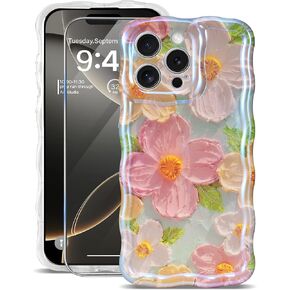 for iPhone 16 Pro Max Case [with 9H Screen Protectors] Wave Bumper Colorful Oil Painting Flowers Print Blue Glossy Soft TPU Phone Case Cover for Girls Women,Green Daisy