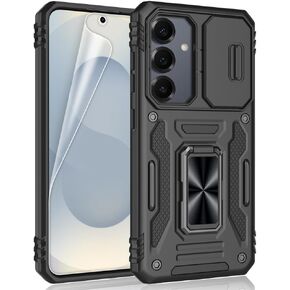 for Samsung Galaxy S25 Case, Shockproof Phone Case & Sliding Camera Cover & Ring Holder Kickstand with Soft TPU Screen Protector [Black]