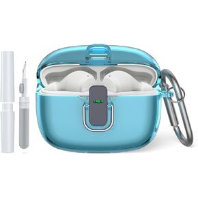 for JBL Vibe 200TWS Case/JBL Vibe Beam Secure Lock Case Cover with Cleaner Kit, TPU Protective Case with Carabiner for JBL Vibe 200TWS/JBL Vibe Beam Charging Case (Clear Blue), PEI-D46-1