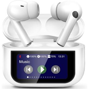 Smart Earphones with Touchscreen, Touch Screen Earbuds, 13 Functions Wireless Headphones Bluetooth 5.4, Touch Buds with LED Screen, ANC/ENC Noise Cancelling, 40H Playtime, for iOS Android, White