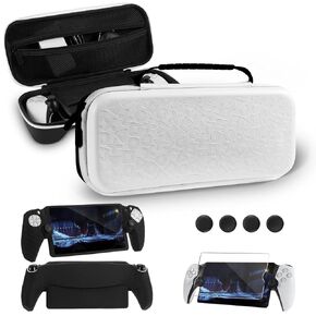 FUNLAB 8 in 1 Accessories Set Compatible with Playstation5 Portal, Portable Hard Carrying Case with Silicone Protective Cover for PS Portal, Screen Protector with 4 Thumb Grips - Black & White