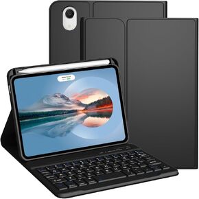 Keyboard Case for iPad Mini 7th Generation (A17 Pro) 2024 / 6th Gen 2021 8.3 Inch [Magnetic Detachable Wireless Keyboard][Support 3 System] Flip Stand Case with Pencil Holder, Black