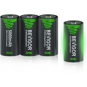BEVIGOR Rechargeable C Batteries, 5000mAh 1.2V NiMH PreCharged C Cell Batteries,Low Self Discharge Recharge up to 1300x Times,4 Pack for Boombox,Toy,Flashlight