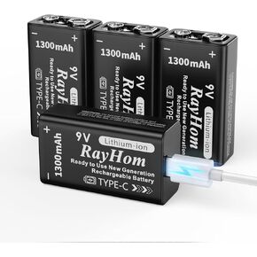 USB Rechargeable 9v Lithium Batteries - 4-Pack 9 Volt Li-ion Battery for Smoke Detector, with 2 USB-C 2-in-1 Charging Cable, High Capacity 1300 mAh, Quick Charges 2 Hours, Over 1000+ Cycles