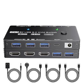 8K HDMI 2.1 KVM Switch 2 Computers 1 Monitor USB 3.0 KVM Switcher for 2 Computers Share 1 Monitor 4 USB 3.0 Devices