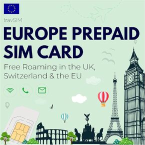 travSIM Europe SIM Card | 10GB Mobile Data at 4G/5G speeds | Free Roaming in UK, Switzerland & 30+ EU Countries | Plan on Europe SIM Card Prepaid with Data is Valid for 30 Days