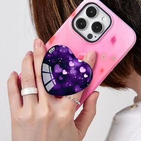 Cell Phone Expanding Phone Grip Heart Shape Glass Holder for Smartphones, Moblile Phone Collapsible Stand - Purple Heart Black