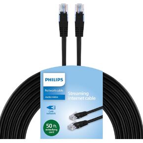 PHILIPS Cat6 Ethernet Cable, Extra Long 50 Ft Cord, 10 Gbps, 250Mhz, RJ45M Connector, for Computer, Game Console, Cable/DSL Modem, Network Switch, Streaming Device, Black, SWR3503B/37