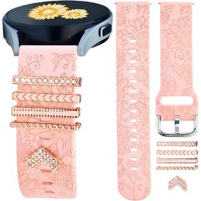 Sunflower Engraved Bands for Samsung Galaxy Watch 7/6/5/4 Band with 5 Charms, 20mm Women Floral Silicone Strap with Decorative Rings Loops for Active 2/Watch 5 Pro/Watch 4 Classic 46mm42mm/Watch 7