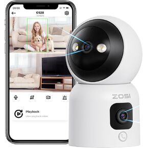 ZOSI 2K Home Security Indoor Dual Cameras,360° Pan/Tilt Baby Monitor,Dog Pet Camera,Dual-Lens,2-Way Audio,One-Touch Call,AI Human Detection,2.4G/5G Dual-Band Wi-Fi,Plug in,SD Card&Cloud Storage