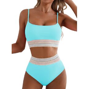 Herseas Women's Bikini Sets Colorblock Trim 2 Piece High Waisted Swimsuit Scoop Neck Adjustable Spaghetti Straps Bathing Suit