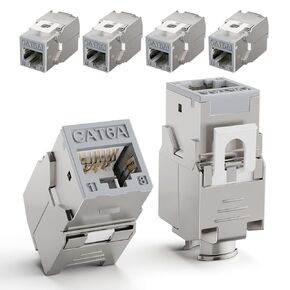 CAT6A Keystone Jacks Shielded 6-Pack, RJ45 180 Degree Ethernet Jack 10 Gbps with Slim Zinc Alloy Housing for Patch Panel and Keystone Wall Plate, Grey