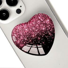 Expanding Moblile Phone Grip Heart Glass Holder for Smartphones, Cell Phone Collapsible Stand - Pink Glitter