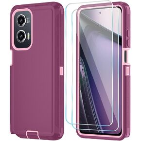 Qinmay Phone Case for Motorola Moto G Stylus 5G 2024 Case with HD Screen Protector, Heavy Duty Shockproof & Dropproof 3-Layer Cover Phone Case for Moto G Stylus 2024 (WineRed Pink)