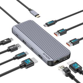 USB C Docking Station, 9-in-1 Laptop Docking Station 3 Monitors, USB C Hub Multiport Adapter with Dual HDMI,USB-C Video,10Gbps USB A/C 3.1,100W PD,Ethernets Dongle, USB C Dock for HP/Dell/ASUS