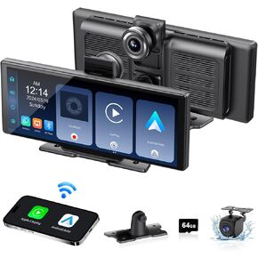 Portable Apple Carplay Screen for Car,10.26'' HD Touch Screen with Wireless Apple Carplay & Android Auto,1080p Backup Camera with WiFi Interconnection, Voice Control, Bluetooth, AUX/FM
