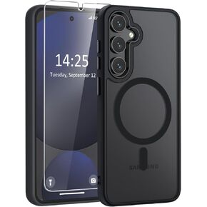 WRJ for Samsung Galaxy S25/S24 Case with Screen Protector,Matte Translucent Magnetic Case for Women Men [Compatible with Magsafe] Slim Anti-Fingerprints Shockproof Protective Cover-Black