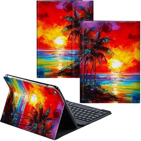 بالنسبة إلى حالة الجيل التاسع في iPad مع لوحة المفاتيح لحالة iPad 10.2 بوصة 8th 8/7 ، لوحة مفاتيح لاسلكية قابلة للفصل وغطاء محفلة بالجلد ، وغطاء ، وأشجار البحر وأشجار النخيل عند غروب الشمس