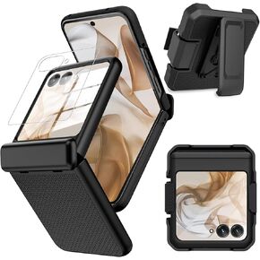 for Motorola Razr 2024 Case with Belt Clip Holster, Motorola Razr 2024 Hinge Protection Case & Hard Shell Cover with Belt Hip Holster Rotating Clip Phone Holster for Motorola Razr 2024 Black