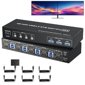 KVM Switch 2 Monitors 4 Computers DisplayPort and HDMI 4K 60Hz, Dual Monitor KVM Switcher HDMI&DP 4 Port for 2 PCs Share Mouse Keyboard Printer, USB 3.0 Ports, Support Extended/Copy/Splicing Mode