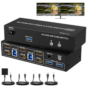 KVM Switch 2 Monitors 2 Computers DisplayPort and HDMI 4K 60Hz, Dual Monitor KVM Switcher HDMI&DP 2 Port for 2 PCs Share Mouse Keyboard Printer, USB 3.0 Ports, Support Extended/Copy Mode