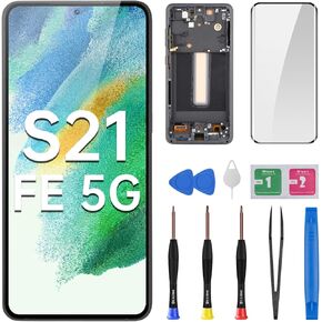 for Samsung Galaxy S21 FE 5G AMOLED Screen Replacement OLED Display Touch Digitizer Full Assembly with Graphite Frame and Side Button Glass Repair Tools Kit SM-G990U SM-G990U1
