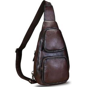 Genuine Leather Sling Bag Retro Crossbody Sling Backpack Handmade Chest Purse Hiking Daypack Cycling Fanny Pack (Coffee)