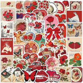 50Pcs Vintage Red Aesthetic Stickers, Cute Retro Red Waterproof Vinyl Sticker Pack for Kids Teen Grils, WLJIAO Red Graffiti Water Bottles Laptops Journal Scrapbook Guitar Decorative Decals