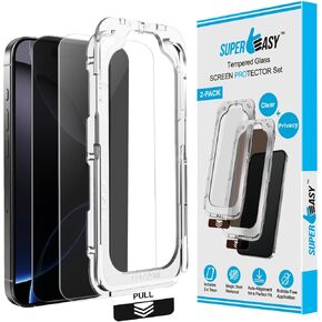 SUPER EASY 2-Pack Tempered Glass Screen Protector for Phone 16 Plus – Privacy & Clear, Dual Installation Trays, Case-Friendly, Extra-Strength, Anti-Scratch, Bubble-Free Application for iPhone 16 Plus