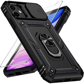 for iPhone 12 Case, iPhone 12 Pro Case, Slide Lens Cover, HD Screen Protector, Military Grade Drop Protection, Magnetic Rotated Ring Holder Kickstand Phone Case (Black)