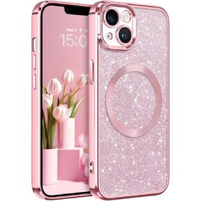 DOMAVER for iPhone 14 Case with Magnetic [Compatible with MagSafe] Luxury Clear Glitter Bling Shockproof Protective Cover Full Camera Lens Protector Women Girls- Pink