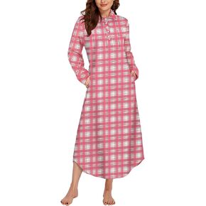 Ekouaer Women's Nightgown Long Sleeve Nightshirt Full Length Loungewear Plaid Sleepwear With Pockets