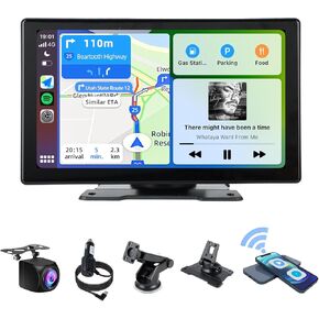 plimpton Portable Carplay for Apple/Android Auto Screen for Car with Backup Camera, 9 Inch IPS Touch Screen Wireless Car Play Driveplay Multimedia Player with Voice Control, BT, FM, GPS, Mirror Link