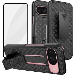 Ailiber for Google Pixel 9 Case with Belt Clip, Google 9 Holster Case with Screen Protector, Swivel Kickstand Holder, Slim Shockproof Shell Full Body Pouch Phone Cover for Pixel 9-Black