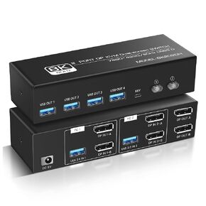 8K@60Hz DP KVM Switch 2 Monitors 2 Computers Display Port, KVM Switch Displayport with 4 USB 3.0 Ports Share Keyboard Mouse, Support Extended/Copy Mode with 2 USB3.0 Cables and Desktop Controller