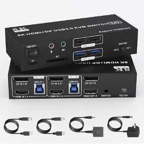 8K HDMI Displayport KVM Switch 2 Monitors 2 Computers Dual Monitor Support 8K@60Hz 4K@120Hz KVM Switcher for 2 Computers Share Dual Monitor, 4 USB Devices, Audio Microphone and SD TF Card