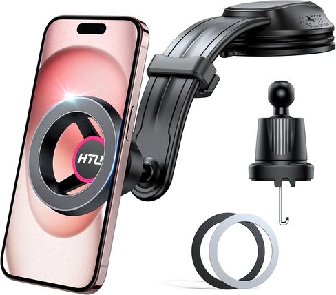 HTU لـ Magsafe Car Mount مع تثبيت ، حامل هاتف مغناطيسي 5 في 1 لبطولة الزجاج الأمامي للوحة القيادة ، كوب شفط قابل للانحناء ، لـ iPhone 15 14 13 12 ، شحن غير مدعوم ، Dark Rose in Kuwait