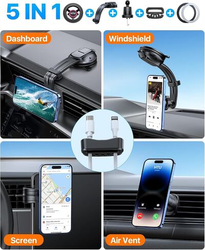 HTU لـ Magsafe Car Mount مع تثبيت ، حامل هاتف مغناطيسي 5 في 1 لبطولة الزجاج الأمامي للوحة القيادة ، كوب شفط قابل للانحناء ، لـ iPhone 15 14 13 12 ، شحن غير مدعوم ، Dark Rose in Kuwait