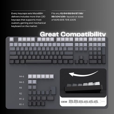 Custom PBT Keycaps, Midnight Gradient Black Grey Keycaps, Shine Through Double Shot Side Print 136 Keys OEM Profile Keycap Set for 60% 65% 75% 100% Mechanical Gaming Keyboards in Saudi Arabia